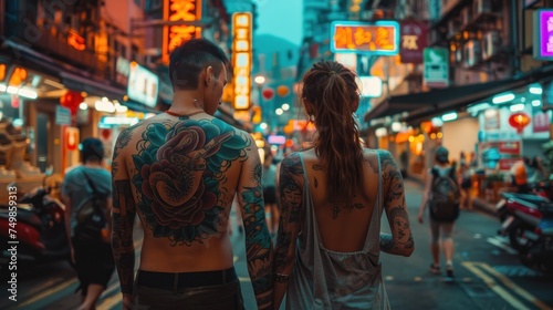 Edgy Tattoo Culture. Young couple walking hand in hand through a bustling city street