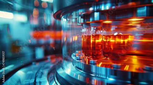 High-speed centrifugal force in action in a modern laboratory, with vials of samples spinning rapidly, highlighted by striking orange illumination. photo