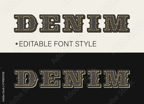 Editable text effect in denim vintage style. Volumetric 3d letters with denim fabric texture and yellow thread stitches. Retro typography graphic style. For poster, header, title design