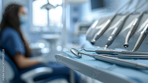 Focus on dental equipment with a blurred background of a dentist preparing for a dental procedure in a clinic.