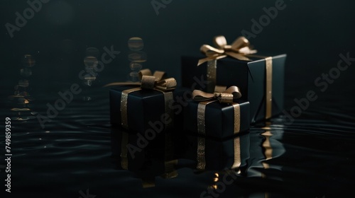 Moonlight Reflections on Black Friday Boxes - Sleek black boxes tied with golden ribbon, shimmering as if bathed in moonlight, ideal for exclusive deals.