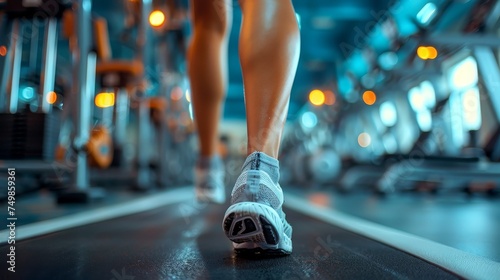 Close-up of athletic shoes in use on a treadmill, with the vibrant, energetic atmosphere of a modern gym in the background. photo