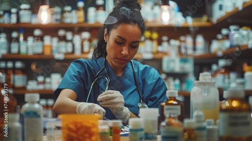 Focused pharmacist organizing various medications, surrounded by shelves filled with medical bottles in a pharmacy.