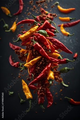 Red and yellow chili peppers, studio lighting and background, cinematic food photography