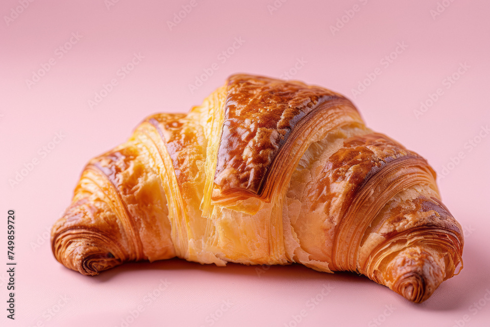 Close up of delicious croissants on a pink background. Homemade croissants.
