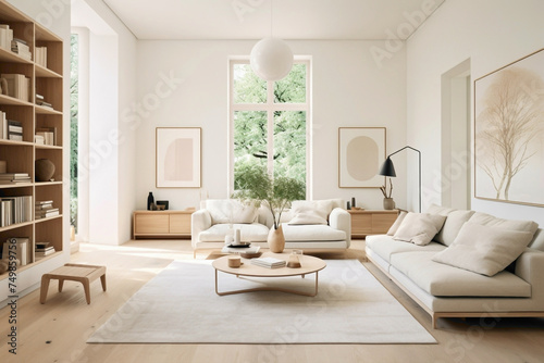 An airy beige living room exuding Scandinavian charm, with light hardwood floors, cozy rugs, and contemporary furnishings.