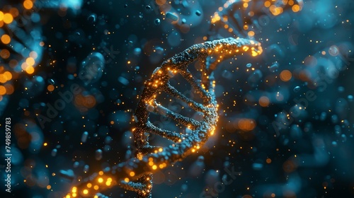 An intricate DNA strand glows with golden light against the mesmerizing depths of a blue, bokeh-effect background.