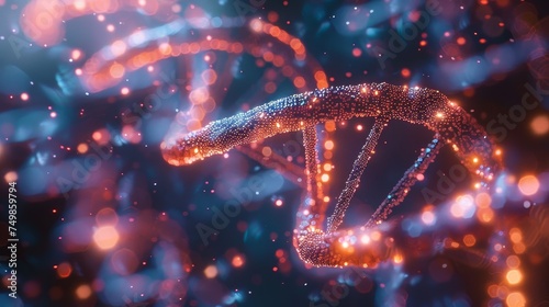Digital art representation of a DNA double helix shimmering with light in a mystical, bokeh-effect background.