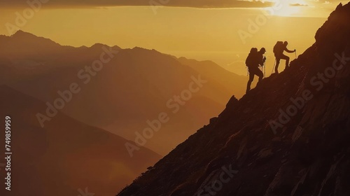 Group of hikers ascending steep mountain trail at sunset, illustrating teamwork and adventure in challenging environment. Outdoor activities and exploration.