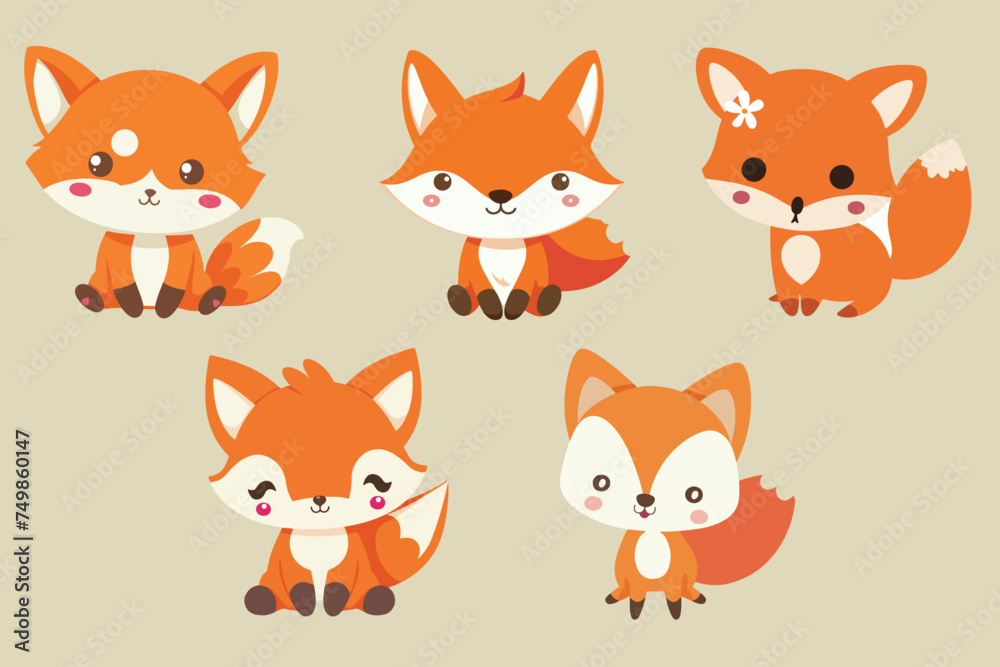 Obraz premium Kawaii Fox illustration Vector Bundle