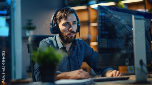 Focused businessman telemarketer telesales agent wear wireless headset make conference video call talk consult online client on computer, male helpline operator work in customer care support office photo