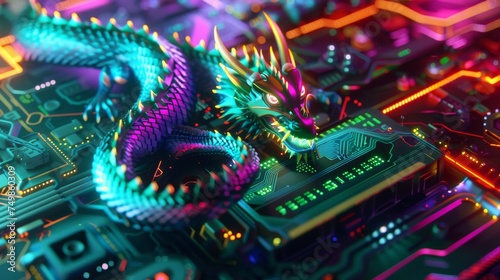 Neon lit GPUs power blockchain operations on Umbriel with a cyber dragon guarding the data fortress its scales reflecting the vibrant technology glow photo