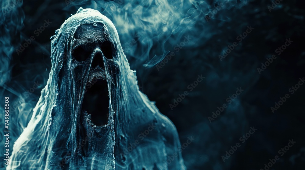 Ghostly apparition in darkness. Pallid form contorted in silent scream, exuding eerie dread and unease. Ghostly apparition in darkness. Pallid form contorted in silent scream, exuding eerie dread and unease.