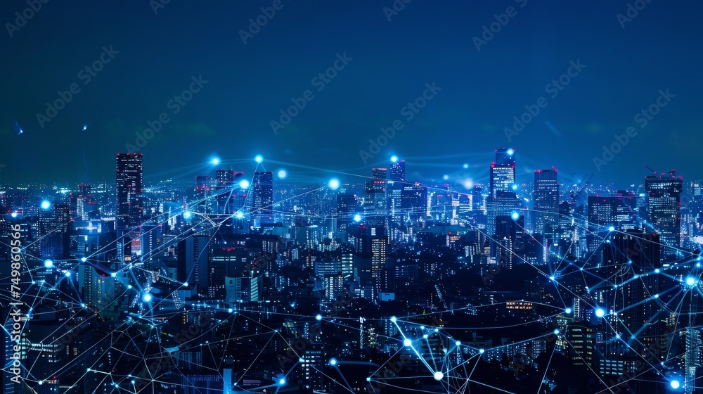 Modern city with wireless network connection and city scape concept.Wireless network and Connection technology concept with city background at night.  - obrazy, fototapety, plakaty 