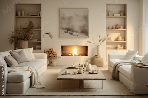 A serene Scandinavian living room bathed in soft beige hues, accented by minimalist furnishings, warm lighting, and natural accents.