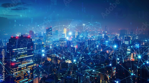 Modern city with wireless network connection and city scape concept. Wireless network and Connection technology concept with city background at night. 