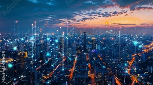 Modern city with wireless network connection and city scape concept. Wireless network and Connection technology concept with city background at night. © Emil