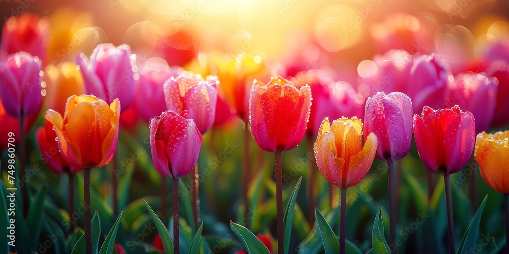 this colorful group of tulips is very pretty, in the style of sun rays shine upon it this colorful group of tulips is very pretty, in the style of sun rays shine upon it