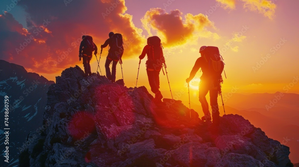 Three climbing friends helping each other as a team reach the mountain peak