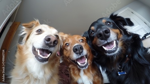three dogs take a photo while looking into the camera, in the style of animated exuberance, creative commons attribution photo