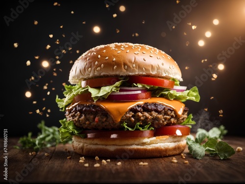 Cheeseburger hamburger in studio lighting and background, cinematic food photography