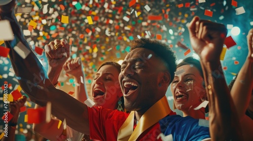 Victorious Celebration. Multicultural athletes raising fists triumphantly on podium amid confetti.