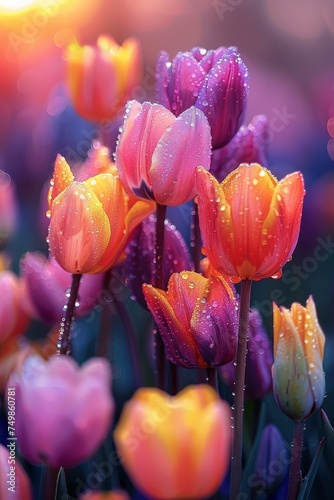 a field of tulips at sunset, with dew drops over them, in the style of realistic color palette, orange and magenta, dark yellow and light aquamarine