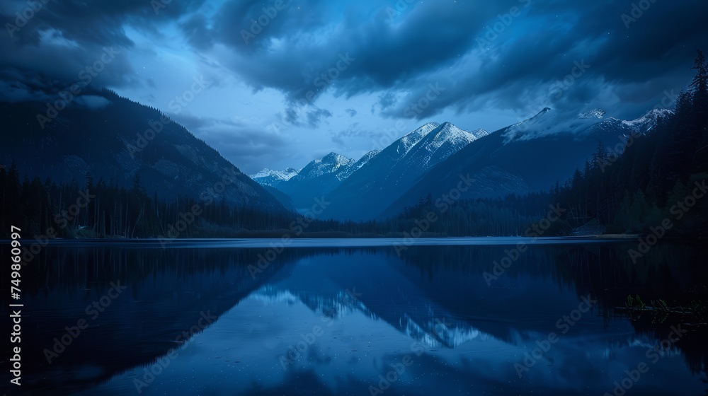 One Mile Lake at night, Pemberton, British Columbia, Canada - obrazy, fototapety, plakaty 