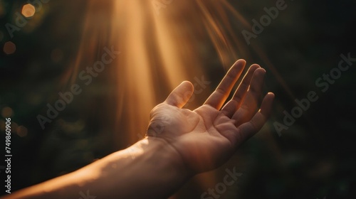 Offering help in darkness. Dramatic hand extends from shadows. Symbol of hope and resilience.