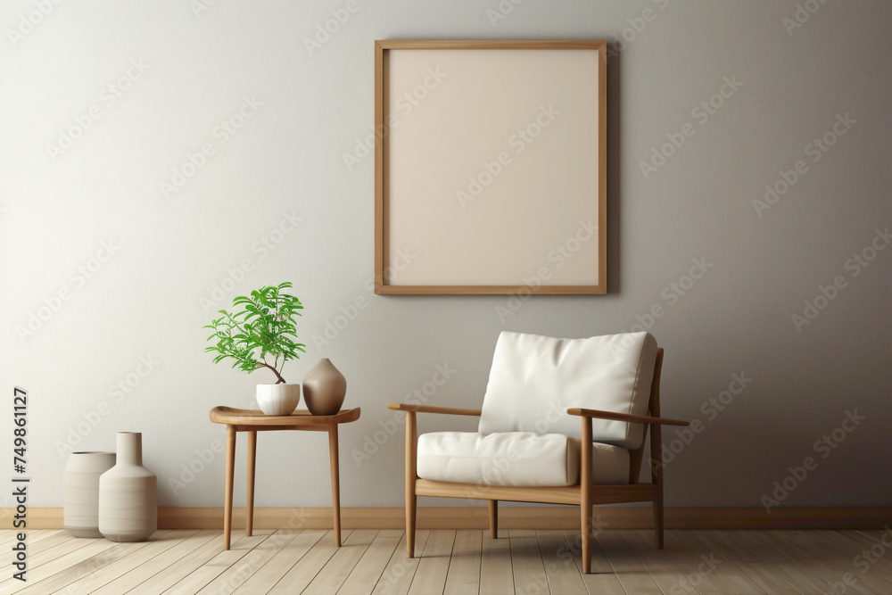 Fototapeta premium A serene beige interior featuring a solitary chair, wooden accents, and a blank frame ready for personalized text.