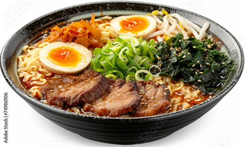 Bowl of ramen with noodles, sliced pork, soft-boiled eggs, green onions, seaweed, bean sprouts, and kimchi. Side view food photography. Japanese cuisine concept. Design for food blog, menu, and culina
