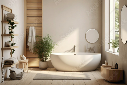 A serene Scandinavian bathroom oasis with clean lines and soothing beige tones, featuring a freestanding tub against a backdrop of natural wood accents and a staircase leading to a small spa area.
