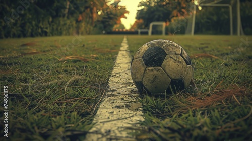 An old soccer ball sits at the edge of a field line with a goal in the background during a tranquil sunset.