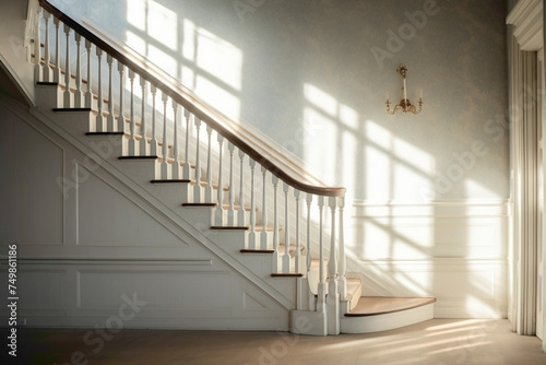 Ethereal light filtering through a window, casting soft shadows on a Scandinavian staircase adorned with simplistic yet elegant details.