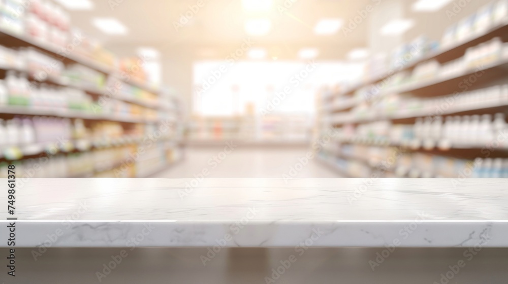 Bright pharmacy interior with white marble counter top and shelves with products.