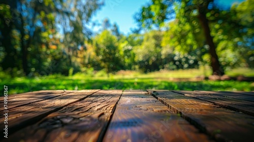 Wet wooden deck leading into a vibrant green park on a sunny day.