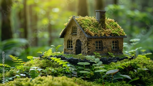 In a garden with green ferns amongst moss-covered model homes, an eco-friendly house concept is presented.