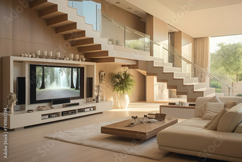 Sleek living room design with beige stairs and a stylish TV area  perfect for modern living.