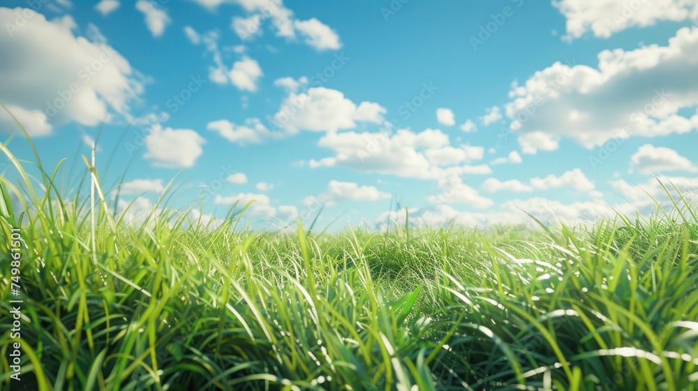 Obraz premium Fresh green grass blades. Tranquil scene under clear sky. Soft shadows in 3D rendering.