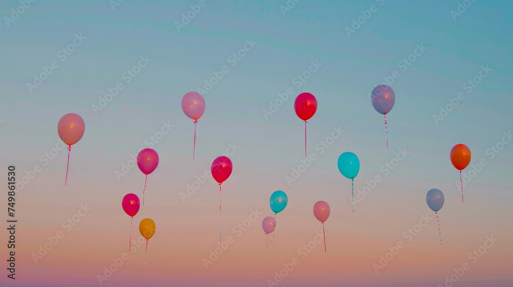 Colorful balloons rising into a pastel-colored sky at dusk, symbolizing celebration and freedom.