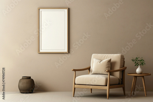 HD capture of a beige-themed living room, showcasing a solitary chair, wooden decor, and an empty frame for personalized text.