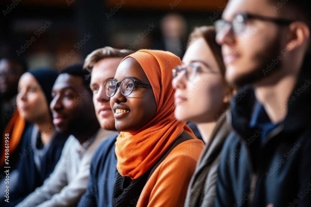 Diverse students group listening to favorite subject college student preparing for exam learning topic study process attention lecture class active learner classmate young academic background listen