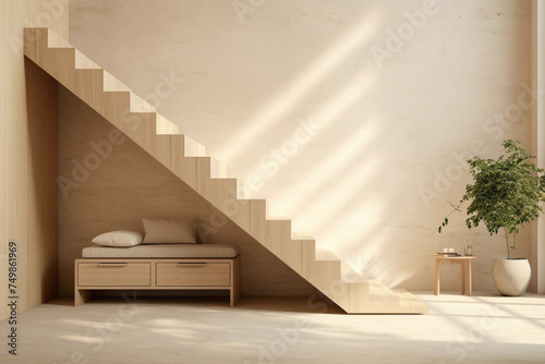 Beige stairs leading to a Scandinavian haven, where minimalist design and natural elements converge to create an environment of contemporary tranquility.