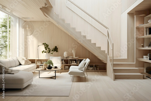A harmonious blend of light and shadow accentuates the natural beauty of a beige staircase  embodying the essence of Scandinavian design.