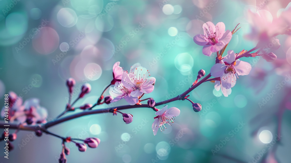 Purple Cherry Blossoms on a Branch with a Teal Bokeh Background