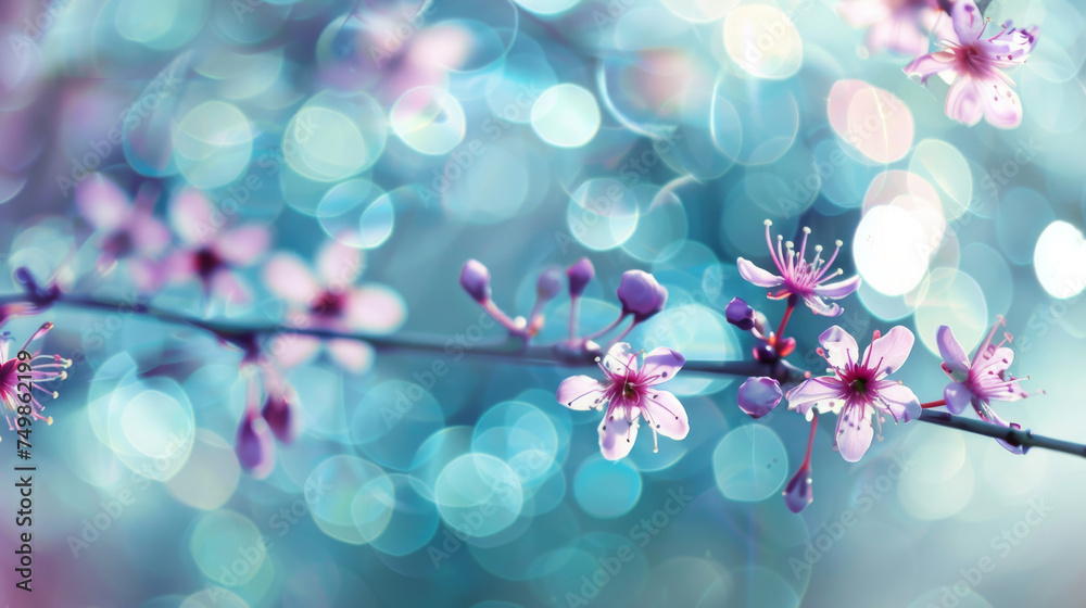 Purple Cherry Blossoms on a Branch with a Teal Bokeh Background