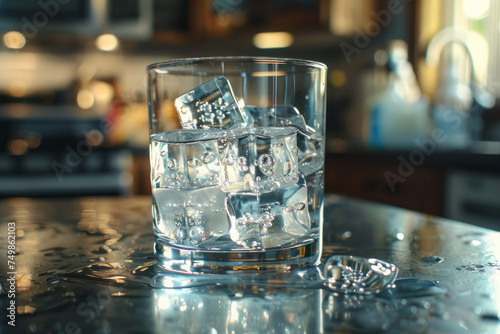 Water with ice in a glass on the table
