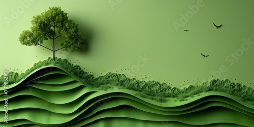 3D abstract art background for earth day with minimalistic tree, free space for text, ecology, environment, green blue planet
