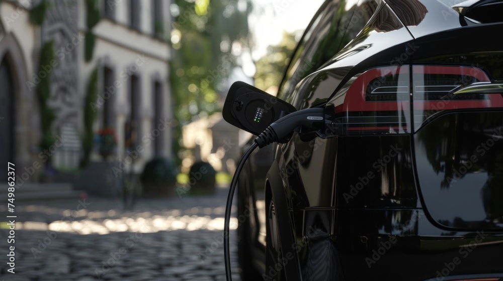 An electric vehicle charging on a quaint cobblestone street, reflecting eco-friendly urban transportation.
