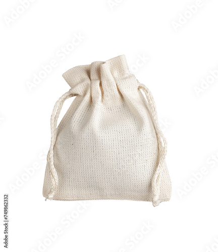 Textile small bag mockup. Natural eco fabric linen cotton sack isolated on white, transparent png photo